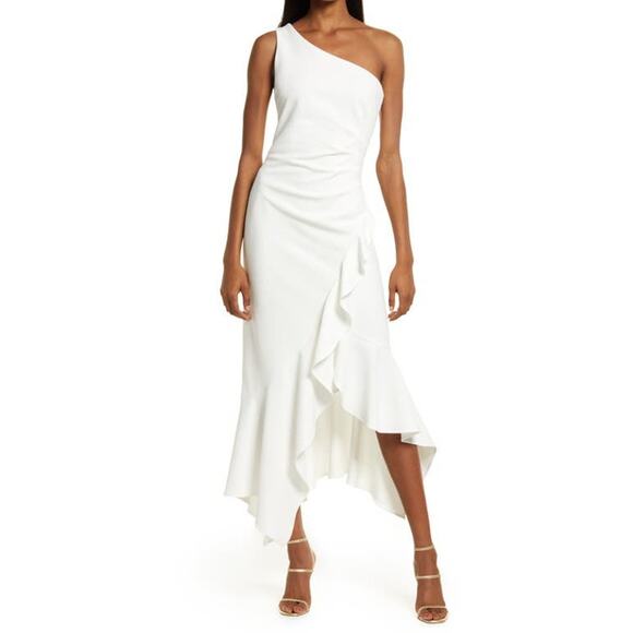 XSCAPE SZ 8 White One-Shoulder Neck Asymmetrical Hem Crepe Midi Dress NEW B27 - Picture 1 of 7